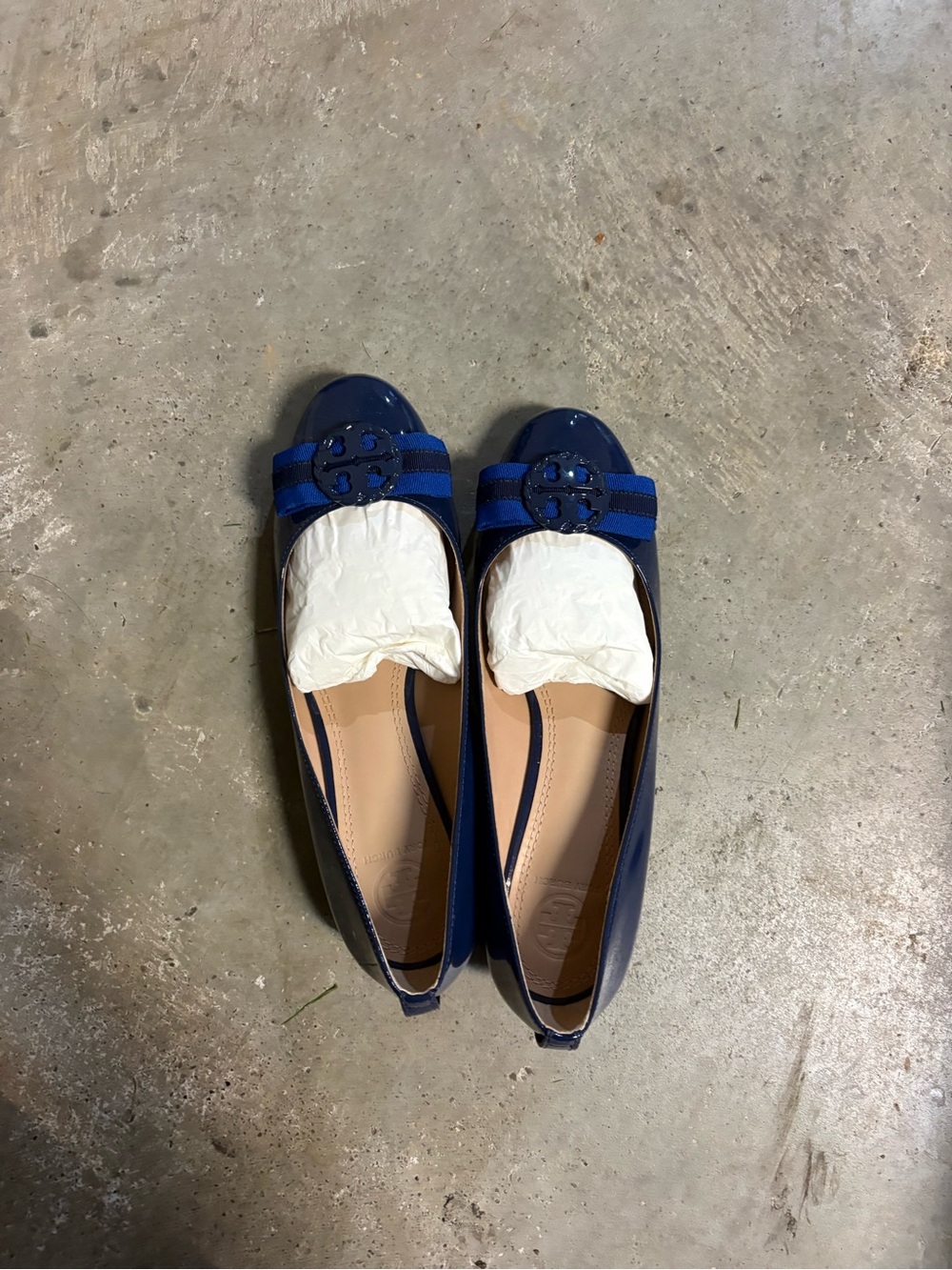 Tory Burch Navy Patent Ballet Flats with Logo Medallion